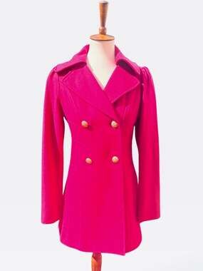 Guess Bright Pink Wool Blend Tailored Flared Coat with Gold Buttons S